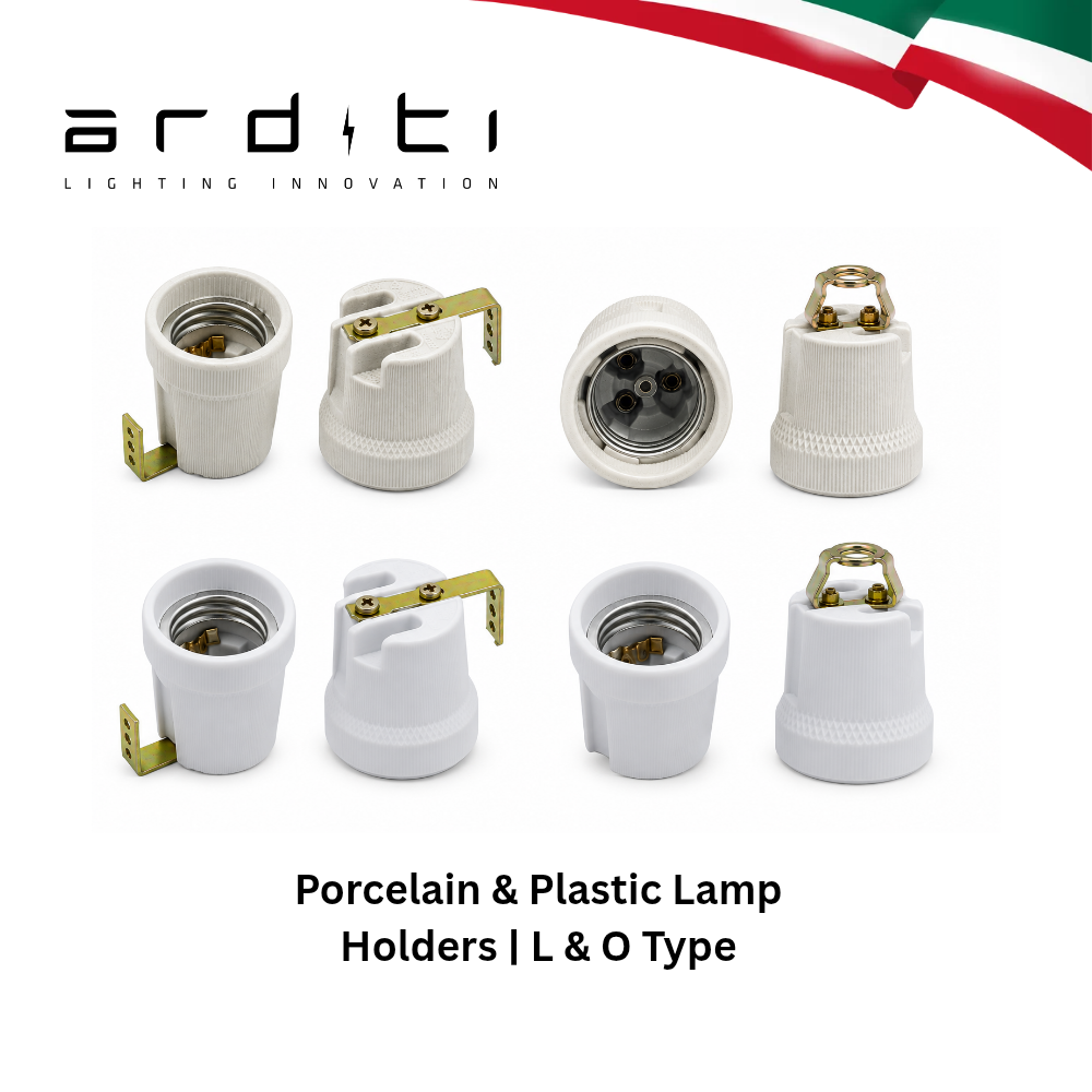 Arditi Porcelain and Thermoplastic Lamp Holders with L-Bracket & O-Nipple Mounting Brackets